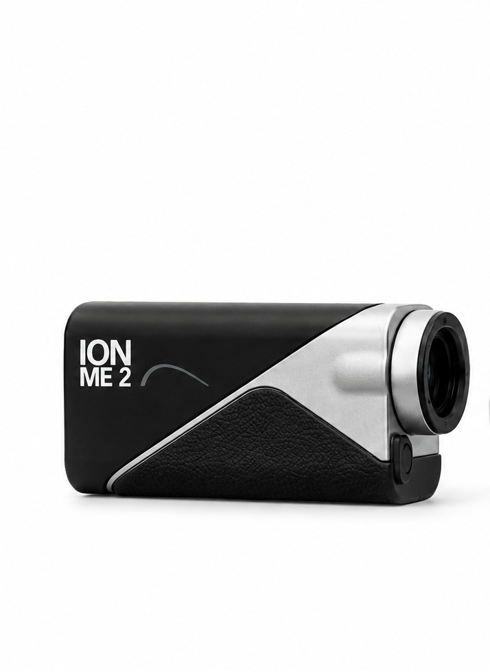 A black and silver golf laser rangefinder with the text 'ION ME 2' printed on the side, shown against a plain white background.